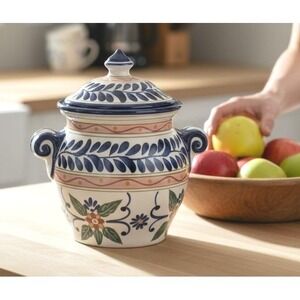 Talavera Hand Painted Medium Lidded Cookie Jar, Canister,  10" Tall Blue